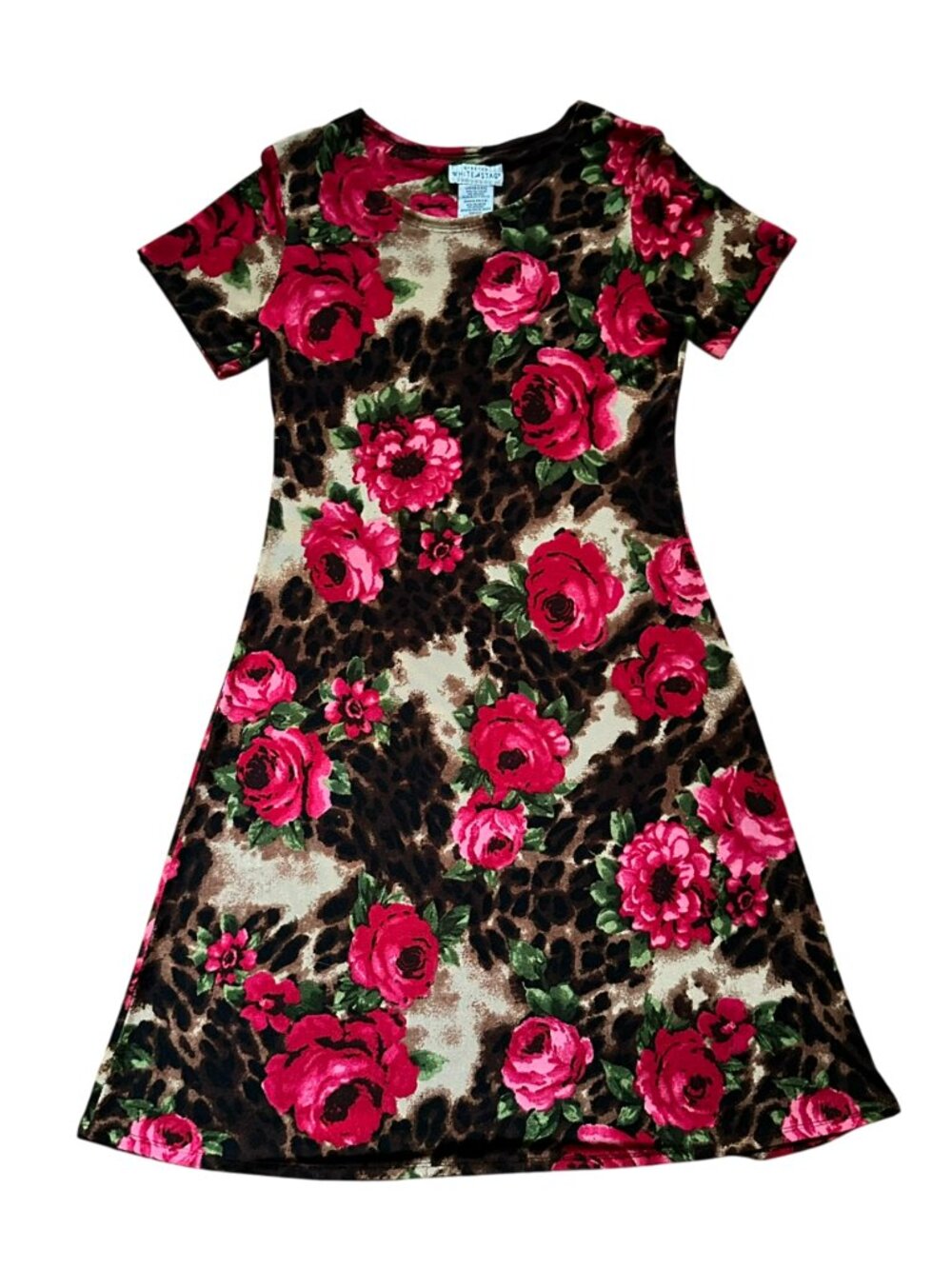 90s Vintage Leopard & Rose Floral Print Casual Cling Dress